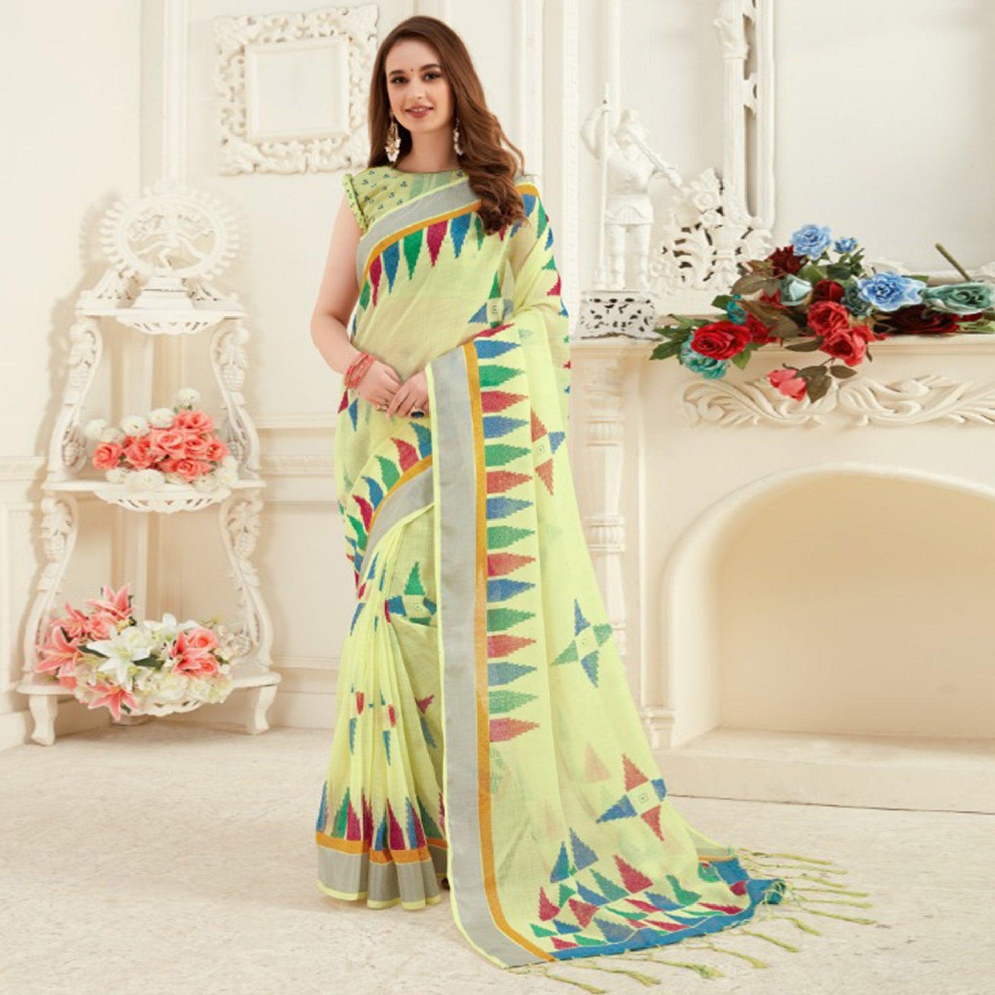 Elegant Yellow Colored Casual Printed Linen Saree With Tassels