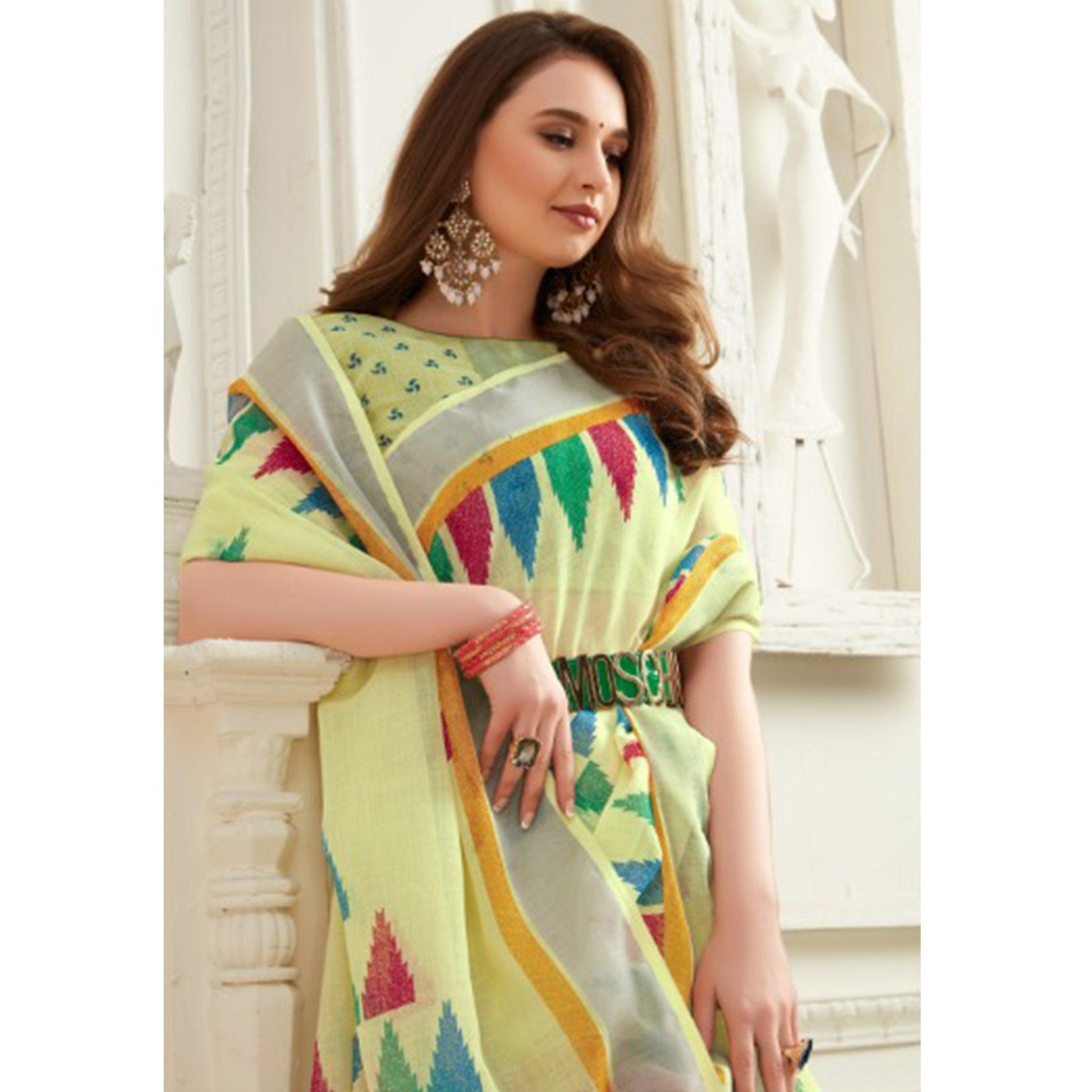 Elegant Yellow Colored Casual Printed Linen Saree With Tassels