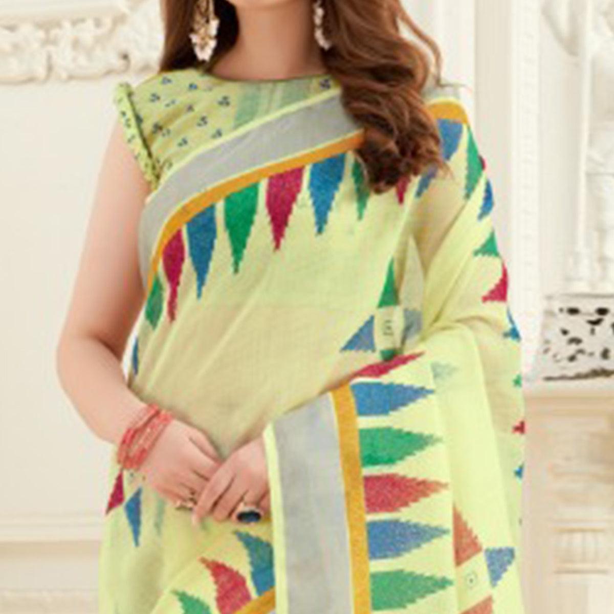 Elegant Yellow Colored Casual Printed Linen Saree With Tassels