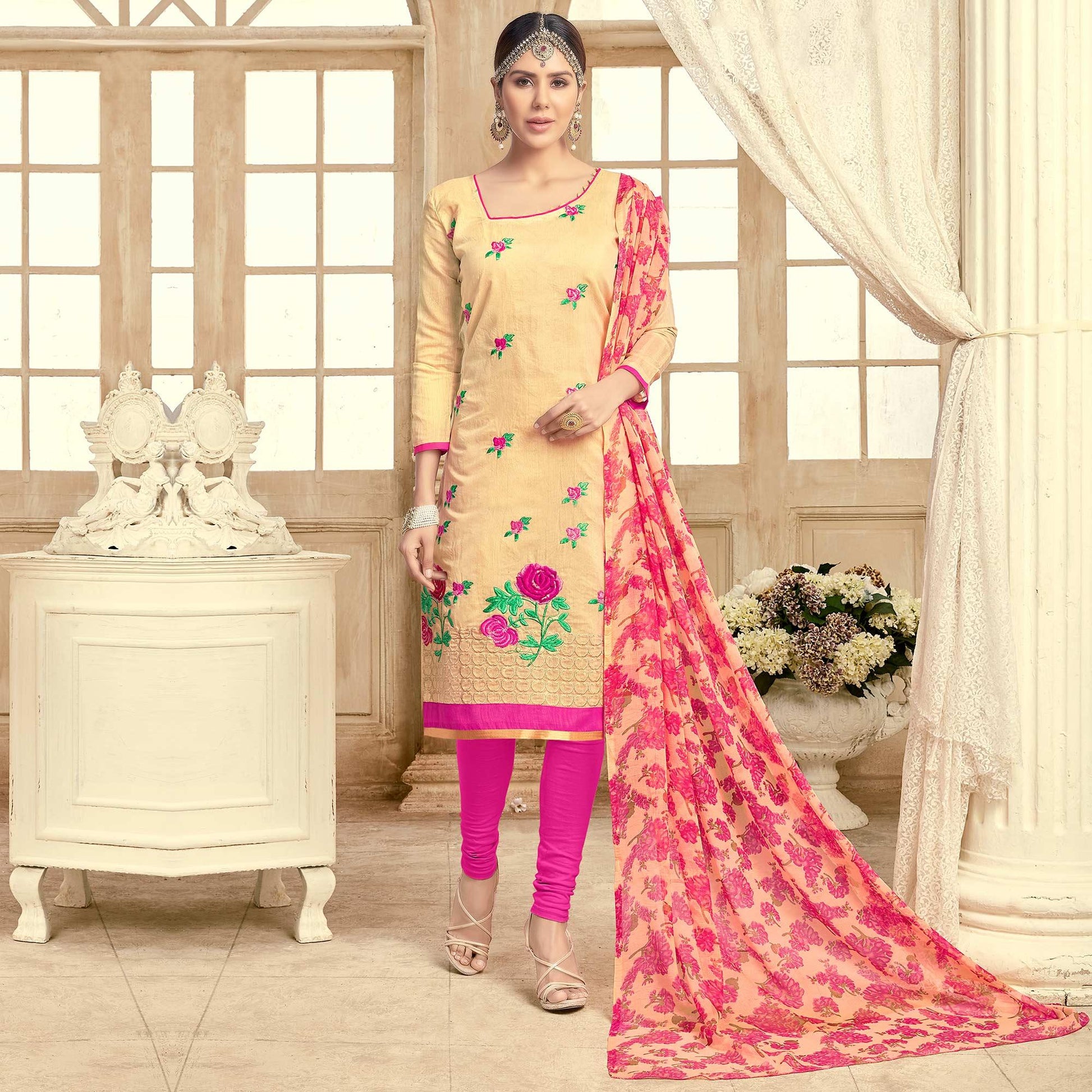 Elegant Yellow Colored Partywear Embroidered Chanderi Suit