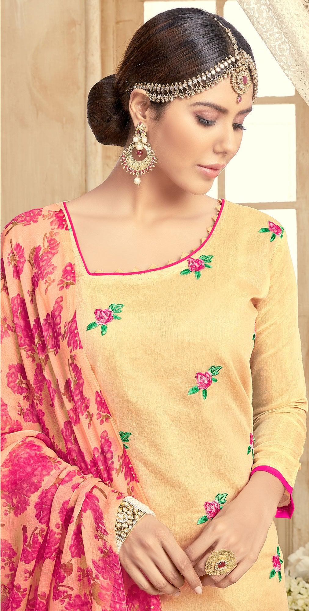 Elegant Yellow Colored Partywear Embroidered Chanderi Suit