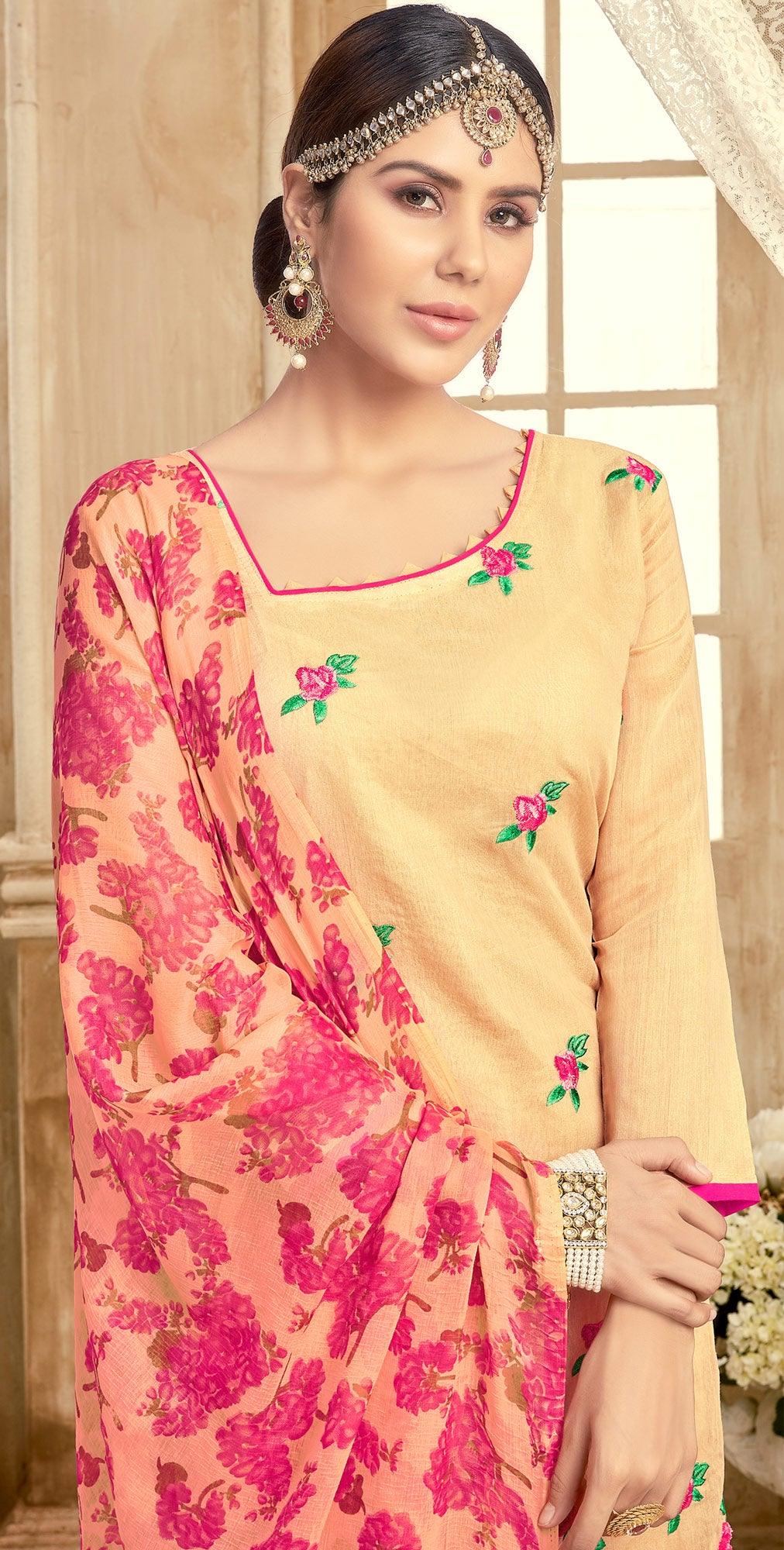 Elegant Yellow Colored Partywear Embroidered Chanderi Suit