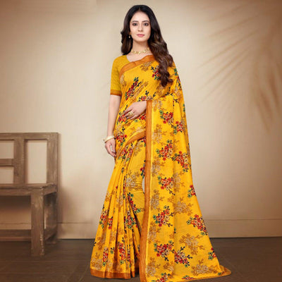 Elegant Yellow Coloured Casual Wear Printed Cotton Silk Saree