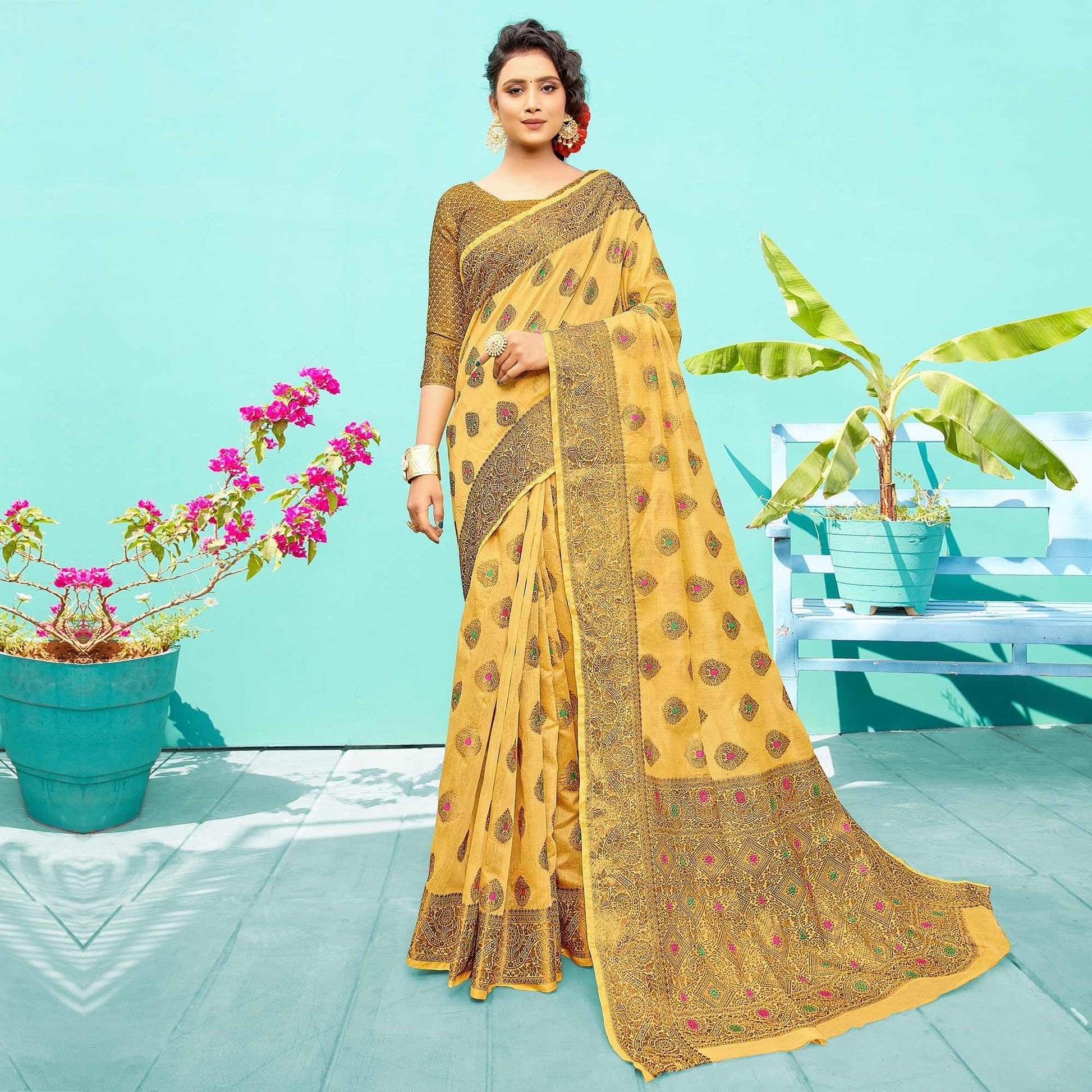 Elegant Yellow Festive Wear Woven Designer Silk Saree