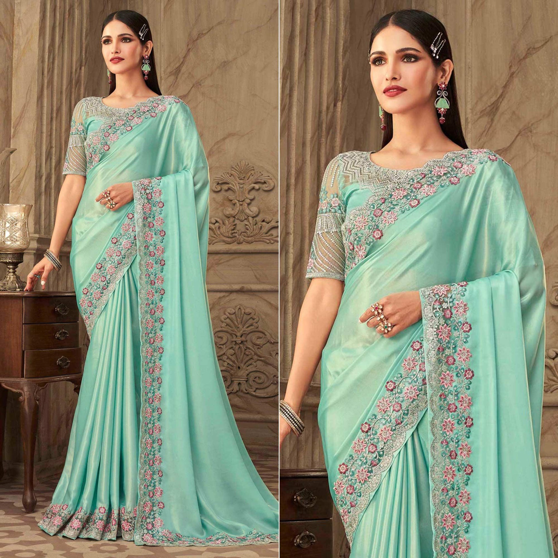Embroidered  Silk Saree Turquoise Partywear Sequins