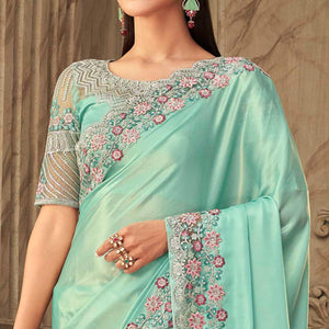 Embroidered  Silk Saree Turquoise Partywear Sequins