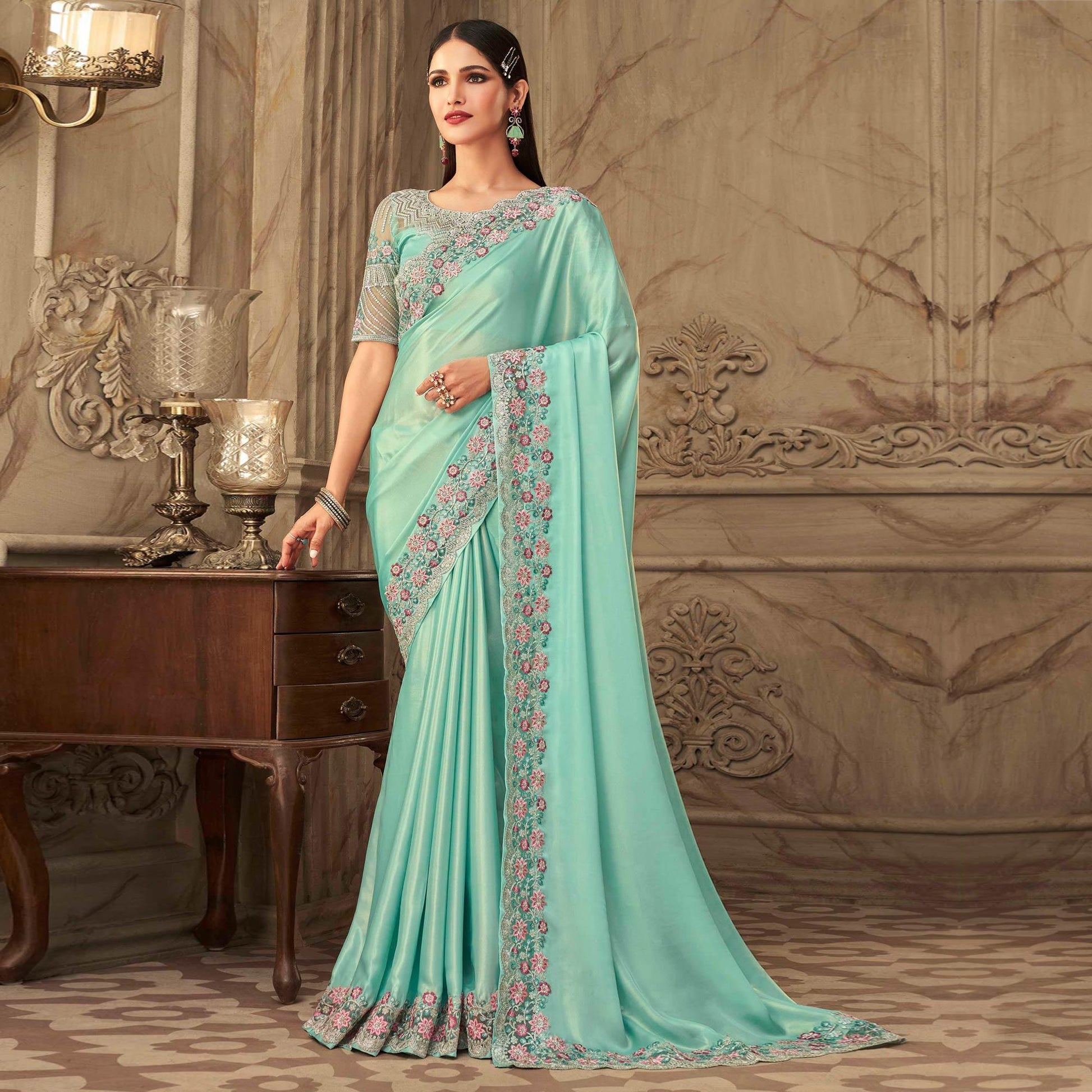 Embroidered  Silk Saree Turquoise Partywear Sequins