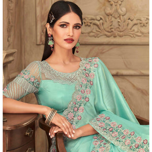 Embroidered  Silk Saree Turquoise Partywear Sequins