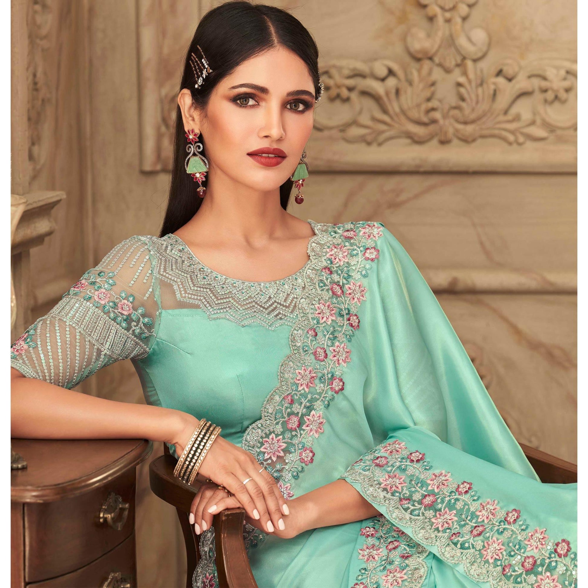 Embroidered  Silk Saree Turquoise Partywear Sequins