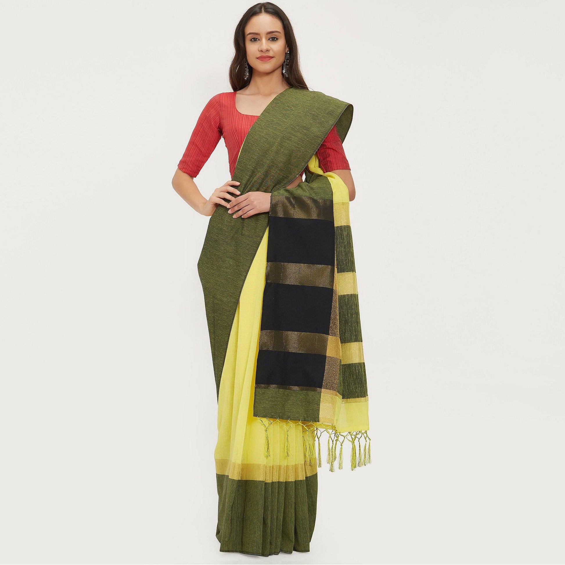 Enchanting Yellow Colored Casual Wear Linen Saree With 2 Blouse Pieces