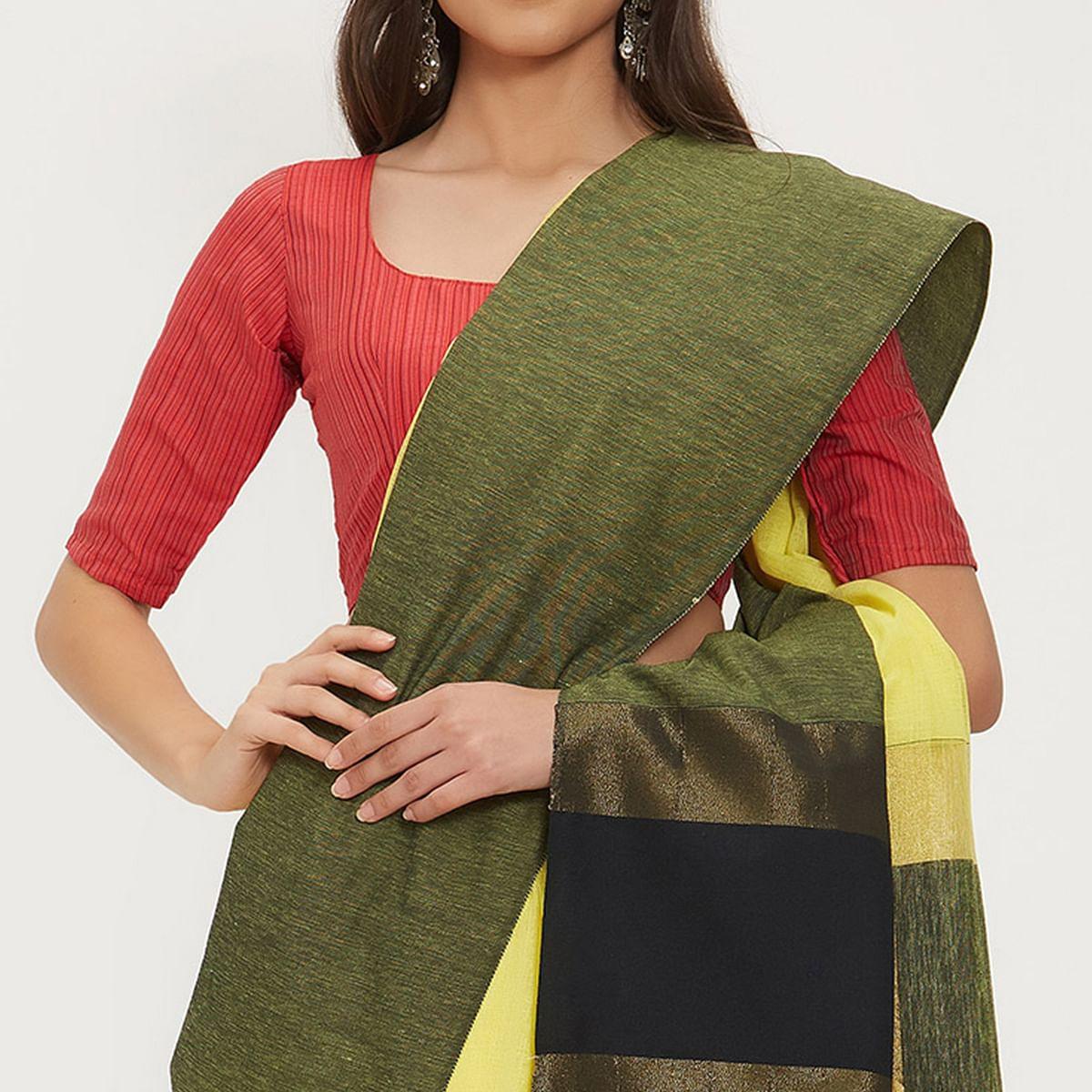 Enchanting Yellow Colored Casual Wear Linen Saree With 2 Blouse Pieces