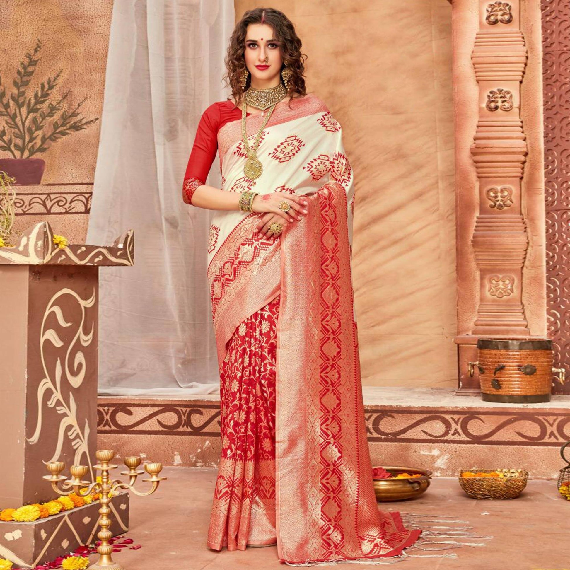 Energeti Cream & Red Colored Festive Wear Woven Silk Blend Saree With Tassels