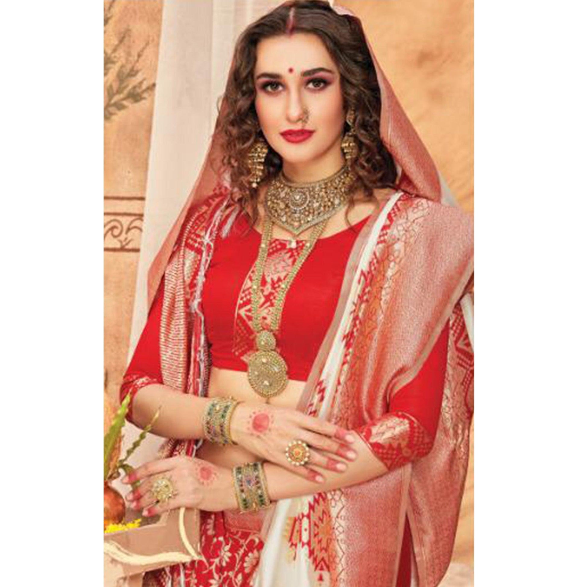 Energeti Cream & Red Colored Festive Wear Woven Silk Blend Saree With Tassels