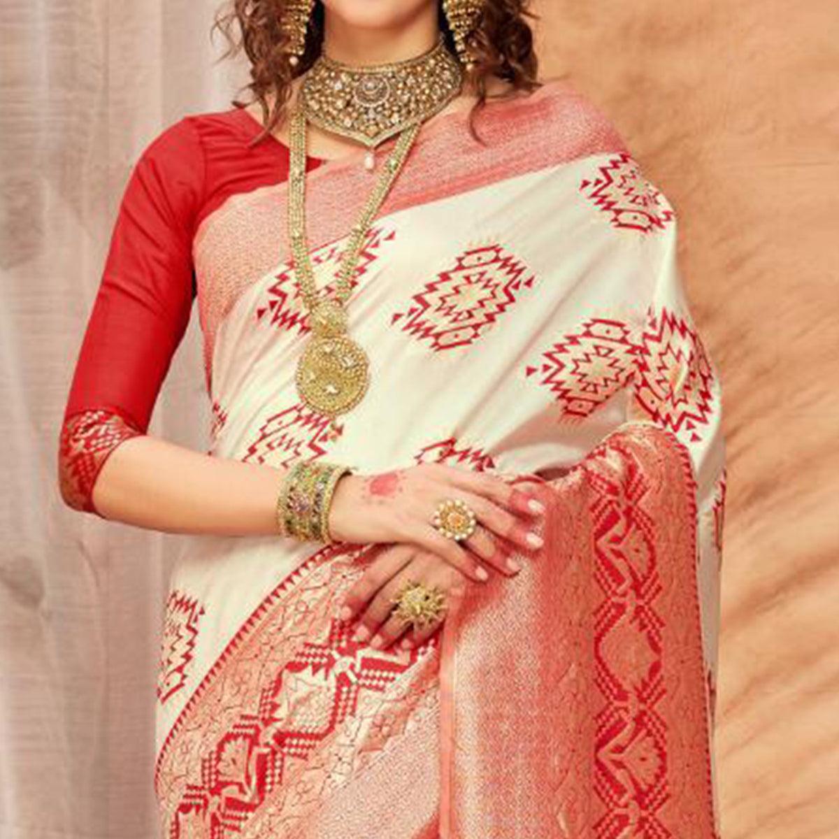 Energeti Cream & Red Colored Festive Wear Woven Silk Blend Saree With Tassels
