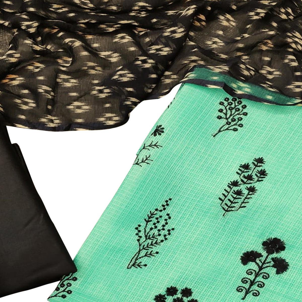 Energetic Aqua Blue Colored Casual Wear Embroidered Kota Silk Dress Material