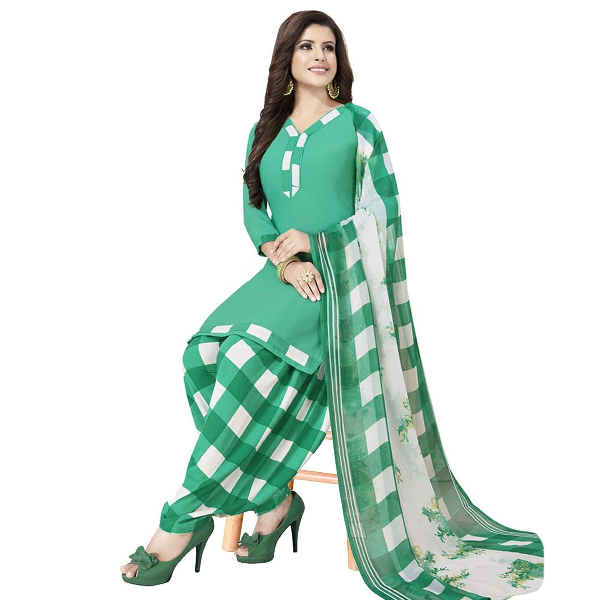 Energetic Aqua Green Colored Casual Printed Crepe Patiala Dress Material