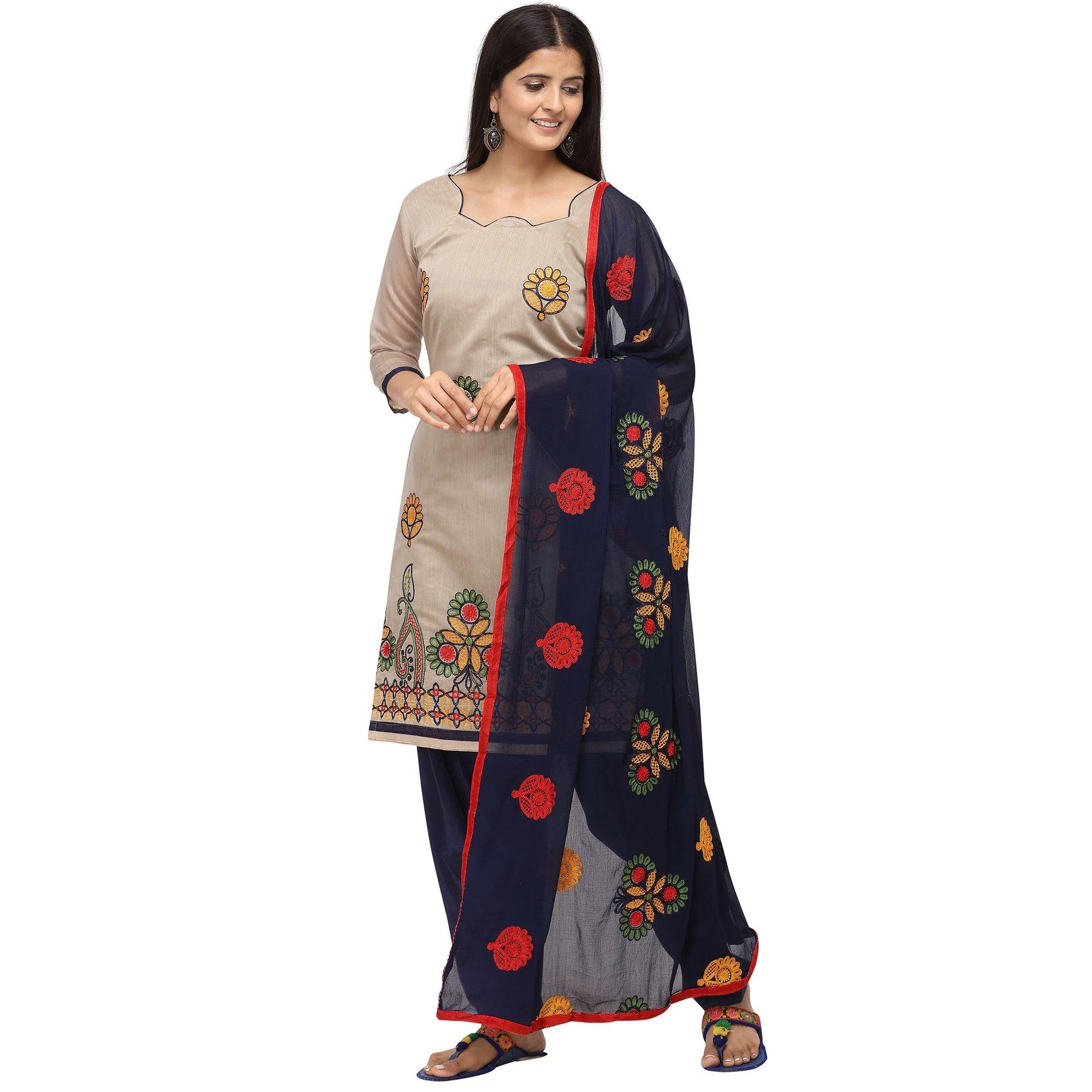 Energetic Beige Colored Casual Wear Embroidered Chanderi Dress Material