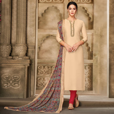 Energetic Beige Colored Casual Wear Embroidered Chanderi Dress Material