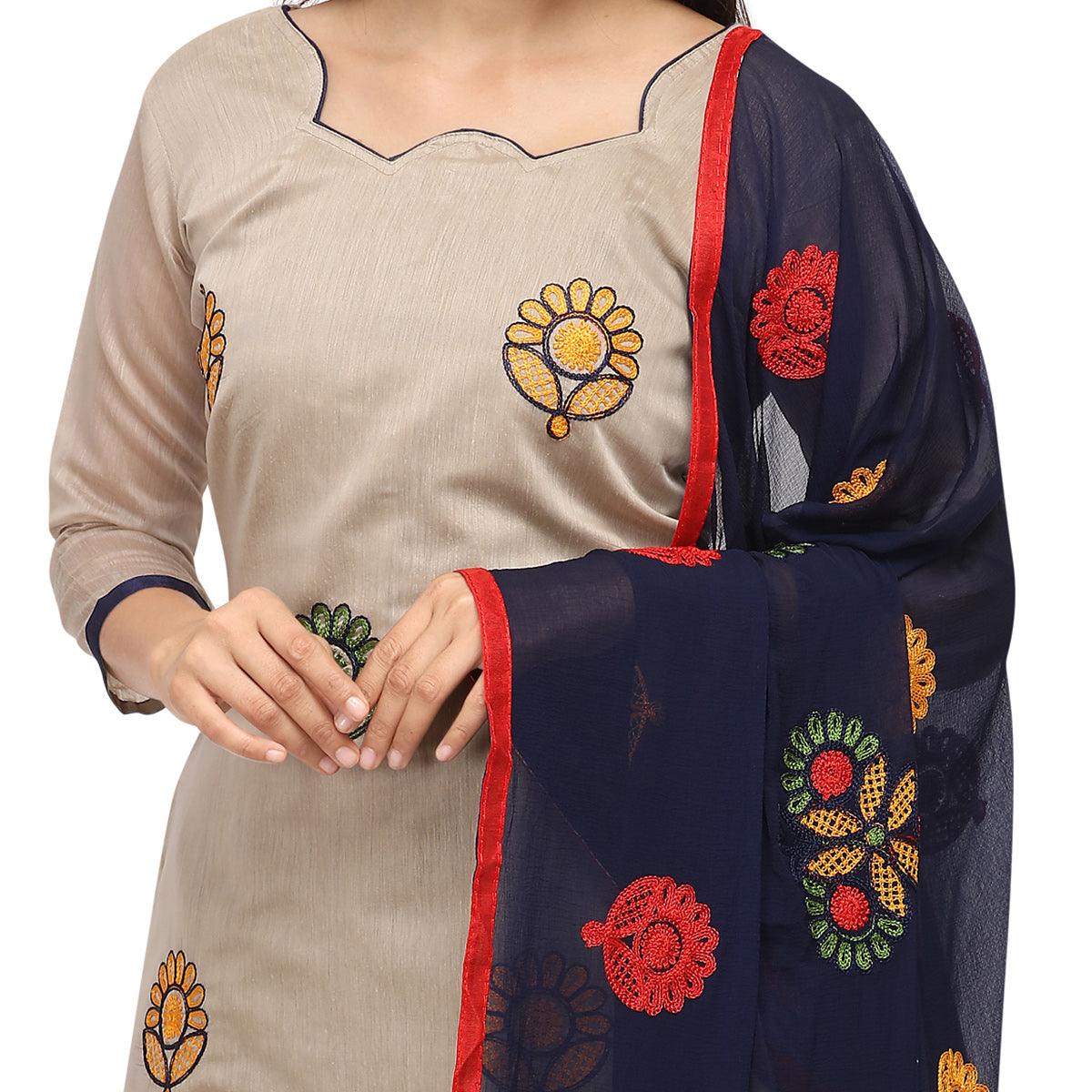 Energetic Beige Colored Casual Wear Embroidered Chanderi Dress Material