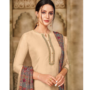 Energetic Beige Colored Casual Wear Embroidered Chanderi Dress Material