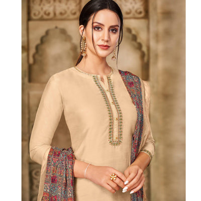 Energetic Beige Colored Casual Wear Embroidered Chanderi Dress Material