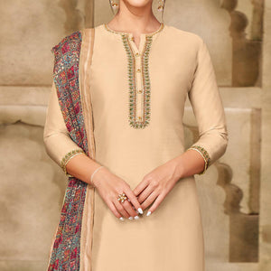 Energetic Beige Colored Casual Wear Embroidered Chanderi Dress Material