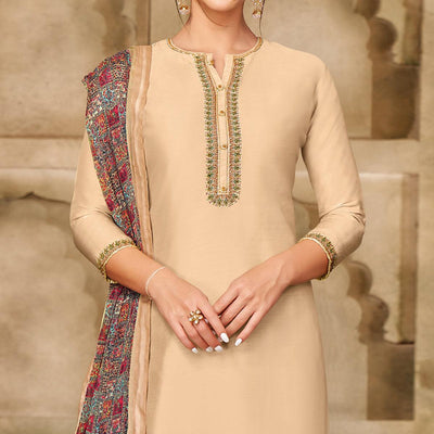 Energetic Beige Colored Casual Wear Embroidered Chanderi Dress Material