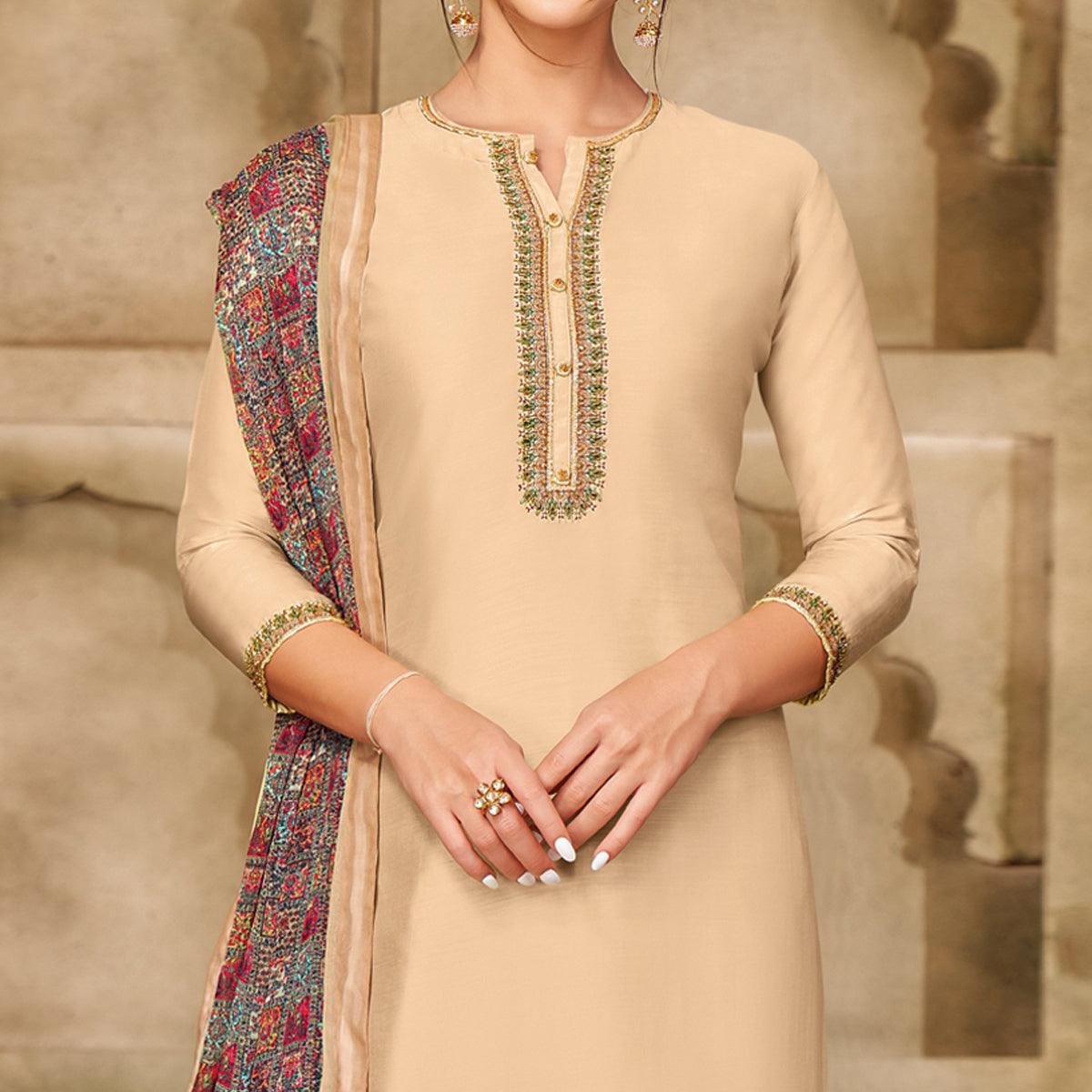 Energetic Beige Colored Casual Wear Embroidered Chanderi Dress Material