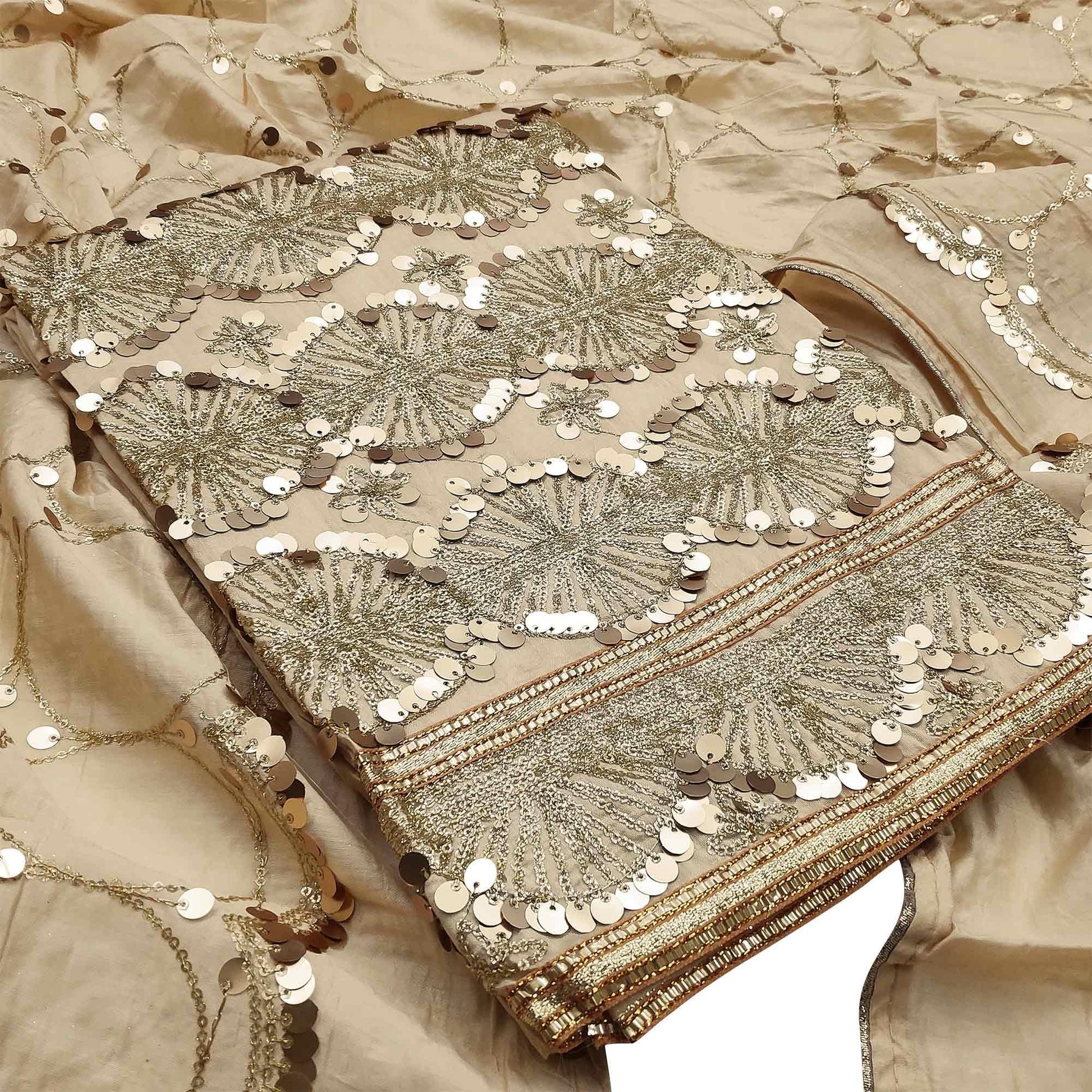 Energetic Beige Colored Festive Wear Embroidered Modal Silk Dress Material
