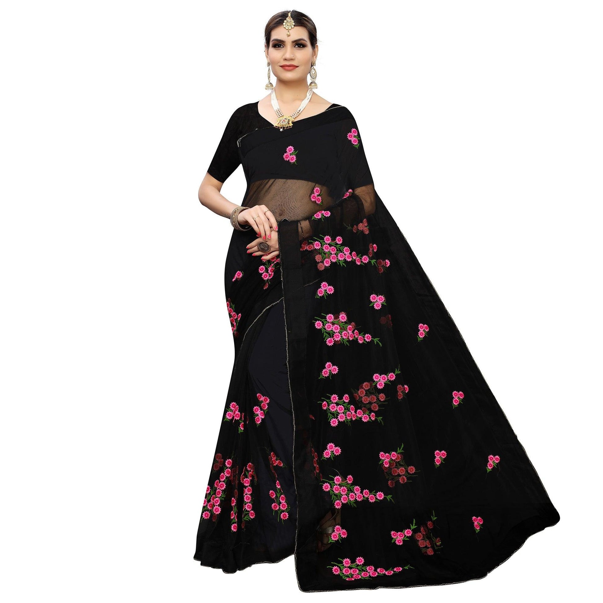 Energetic Black Colored  Embroidered Net Saree