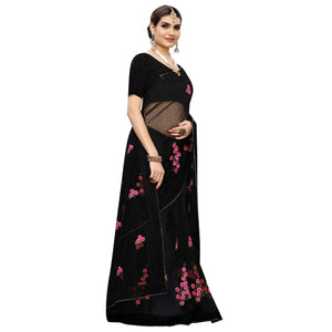 Energetic Black Colored  Embroidered Net Saree