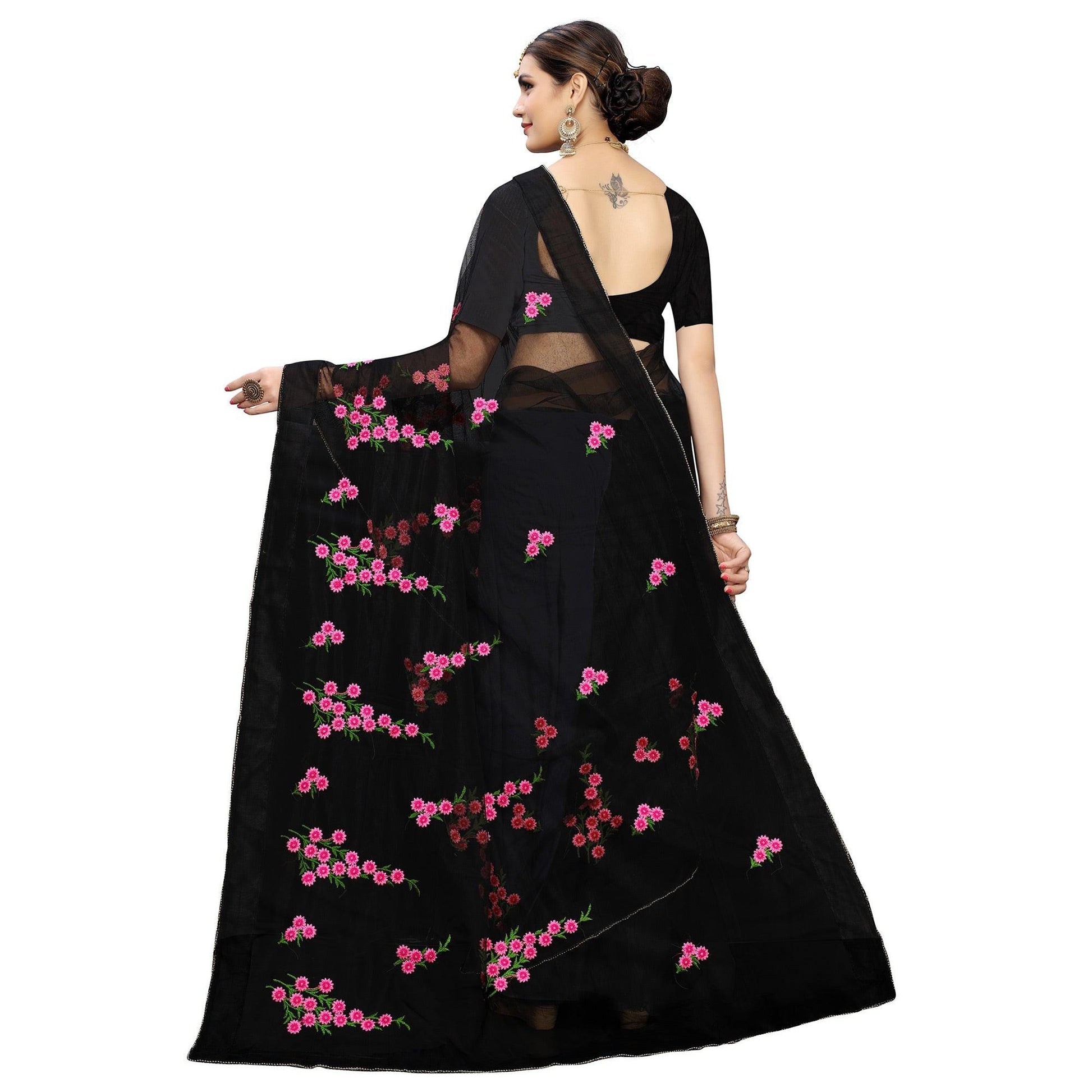 Energetic Black Colored  Embroidered Net Saree