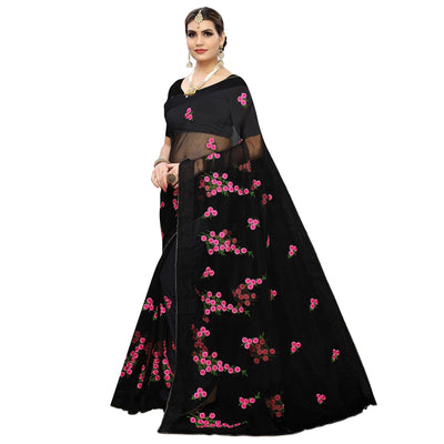 Energetic Black Colored  Embroidered Net Saree