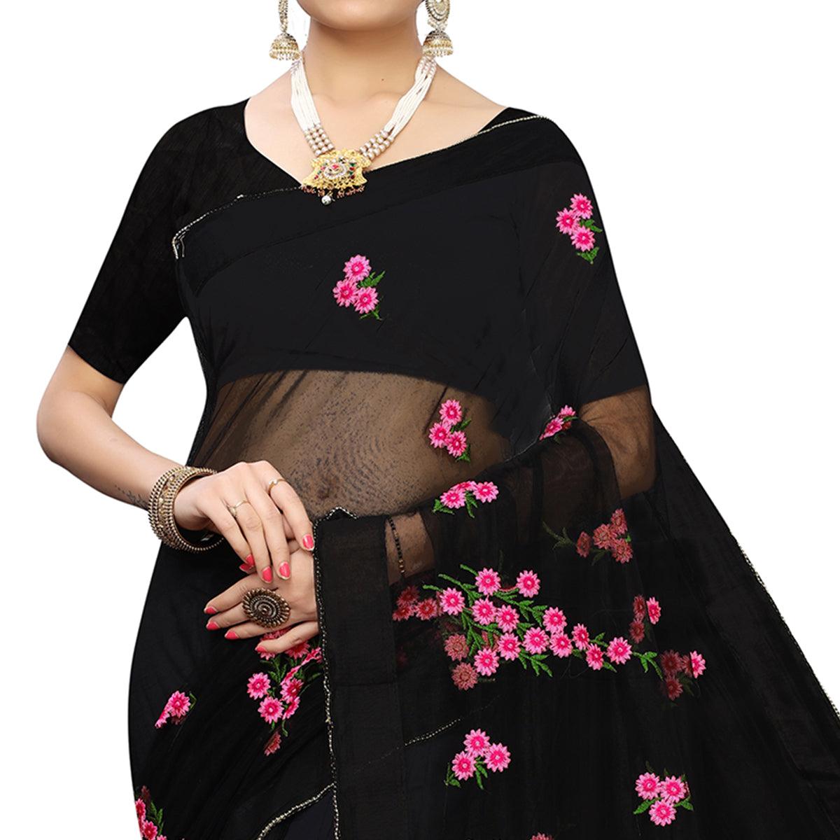 Energetic Black Colored  Embroidered Net Saree