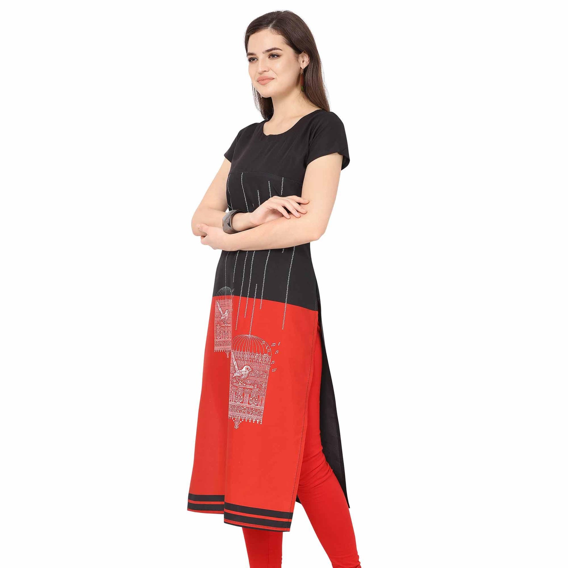 Energetic Black-Red Colored Casual Printed Crepe Kurti