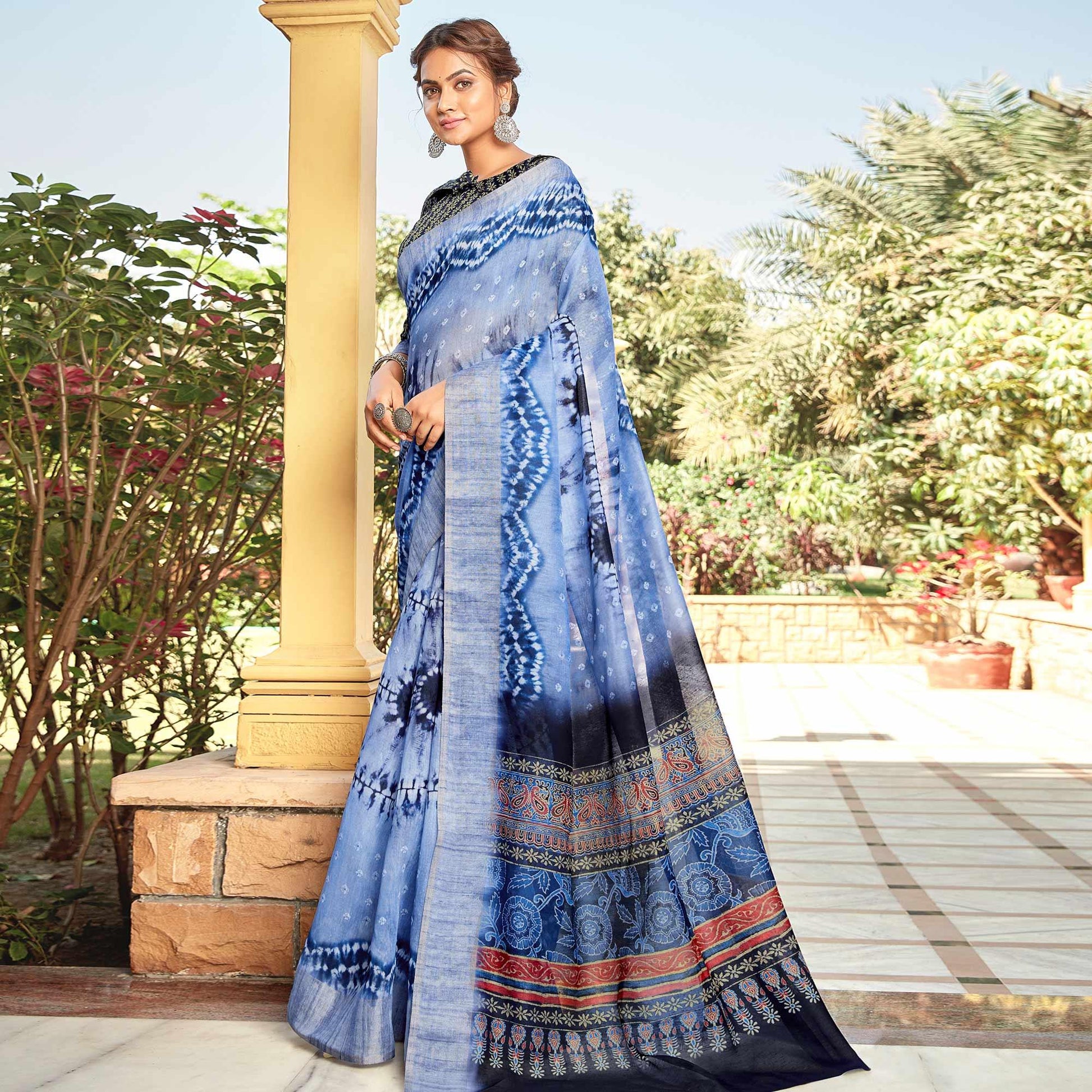 Energetic Blue Colored Digital Printed Festive Wear Linen Designer Saree