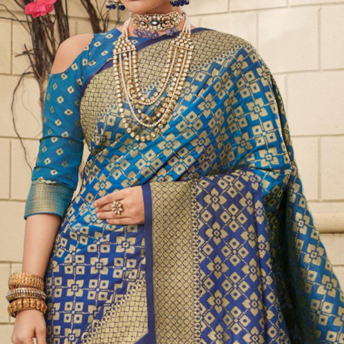 Energetic Blue Colored Festive Wear Woven Soft Silk Saree