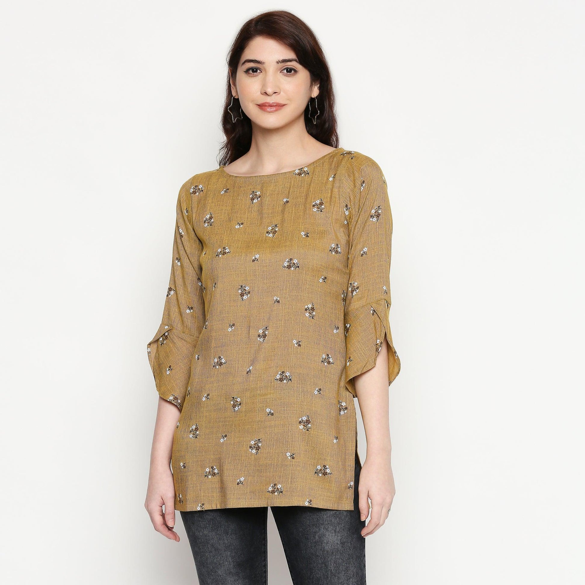 Energetic Brown Colored Casual Wear Printed Cotton Western Top