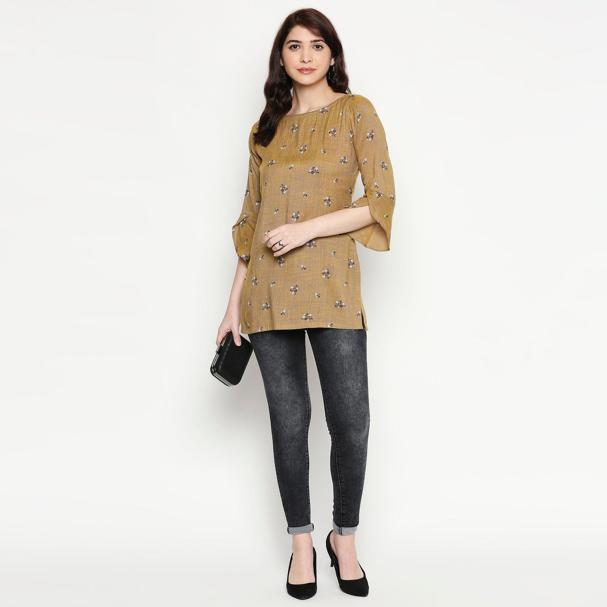 Energetic Brown Colored Casual Wear Printed Cotton Western Top