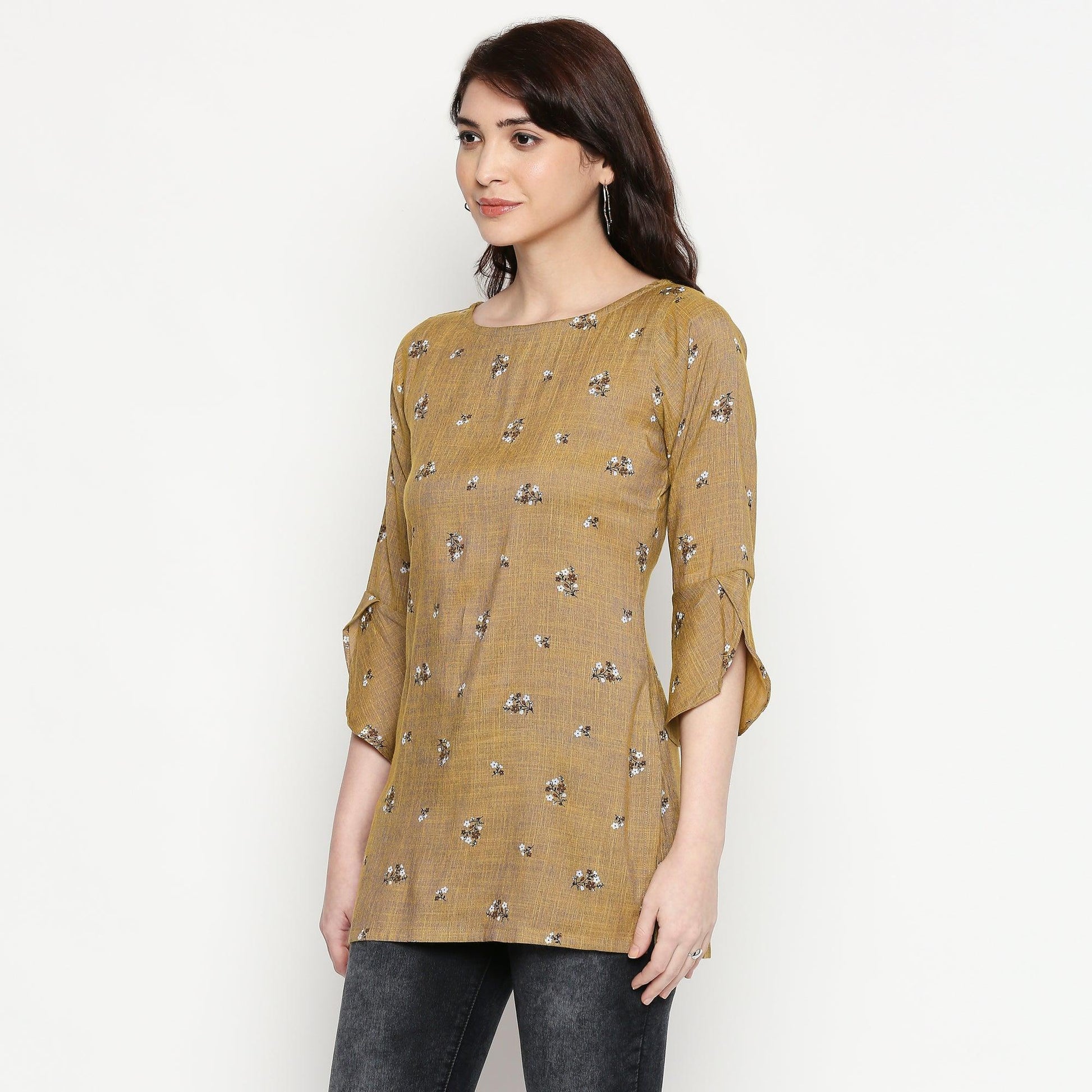 Energetic Brown Colored Casual Wear Printed Cotton Western Top