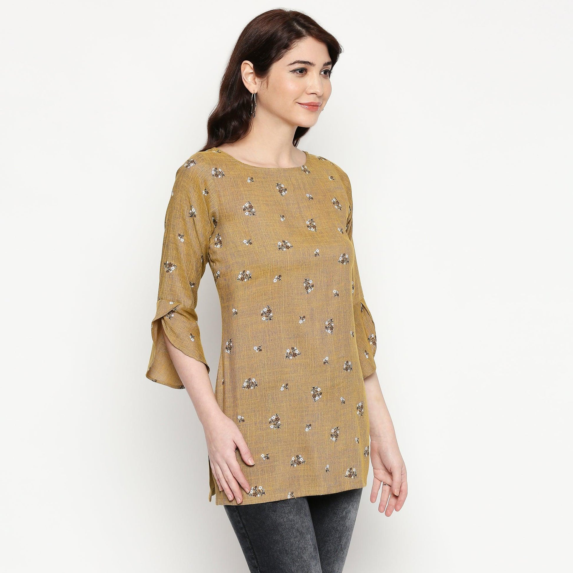 Energetic Brown Colored Casual Wear Printed Cotton Western Top