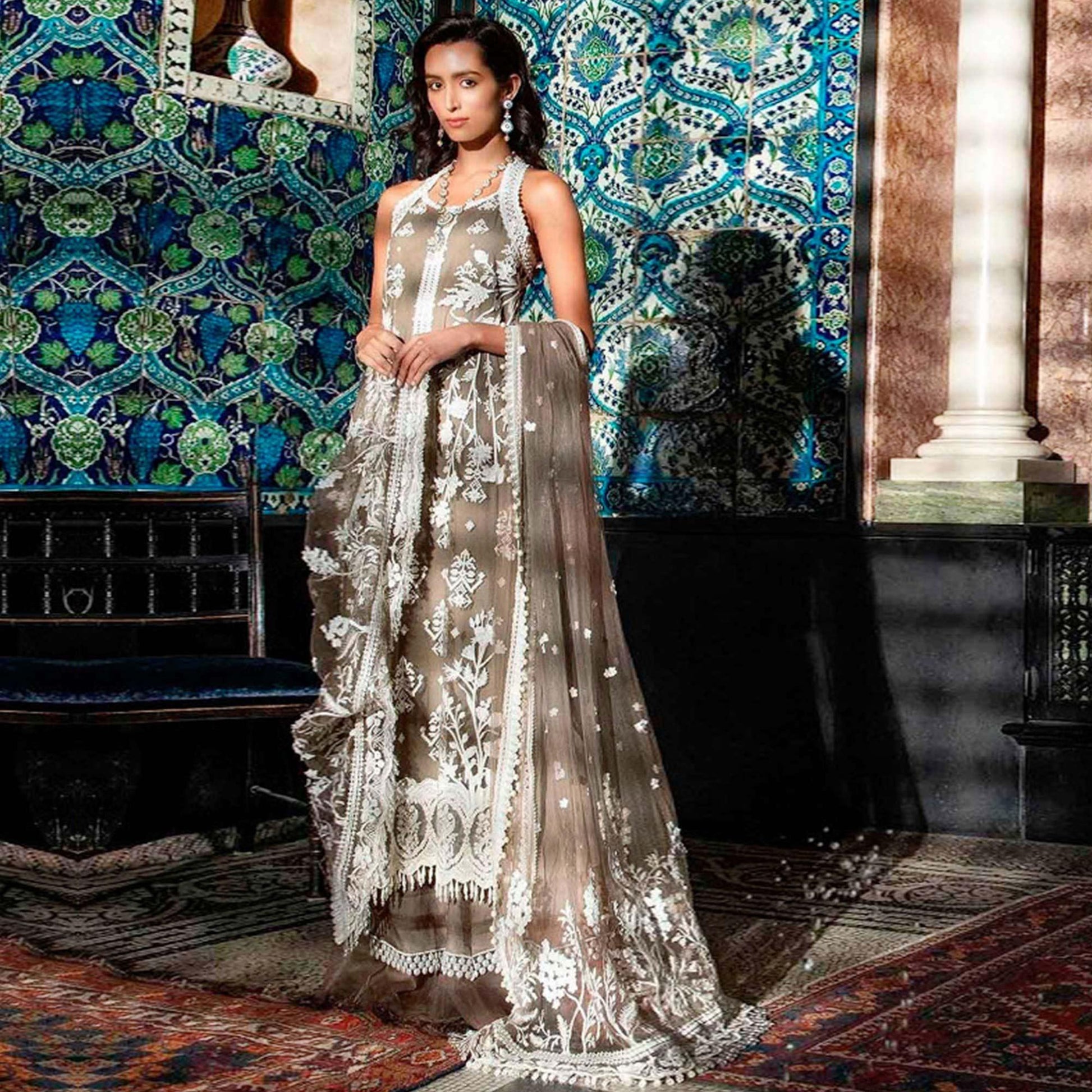 Energetic Brown Colored Partywear Embroidered Netted Palazzo Suit