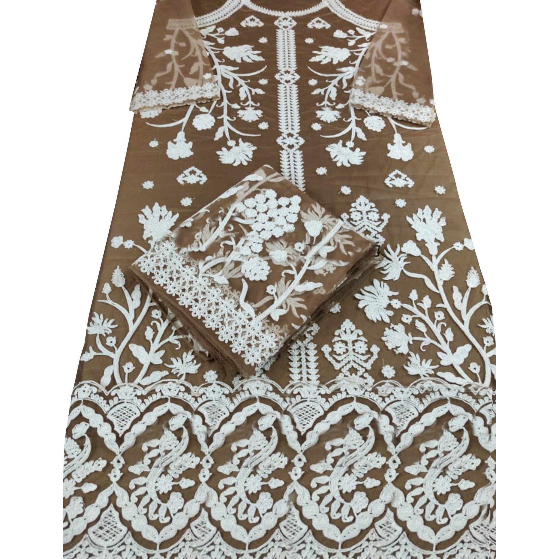 Energetic Brown Colored Partywear Embroidered Netted Palazzo Suit