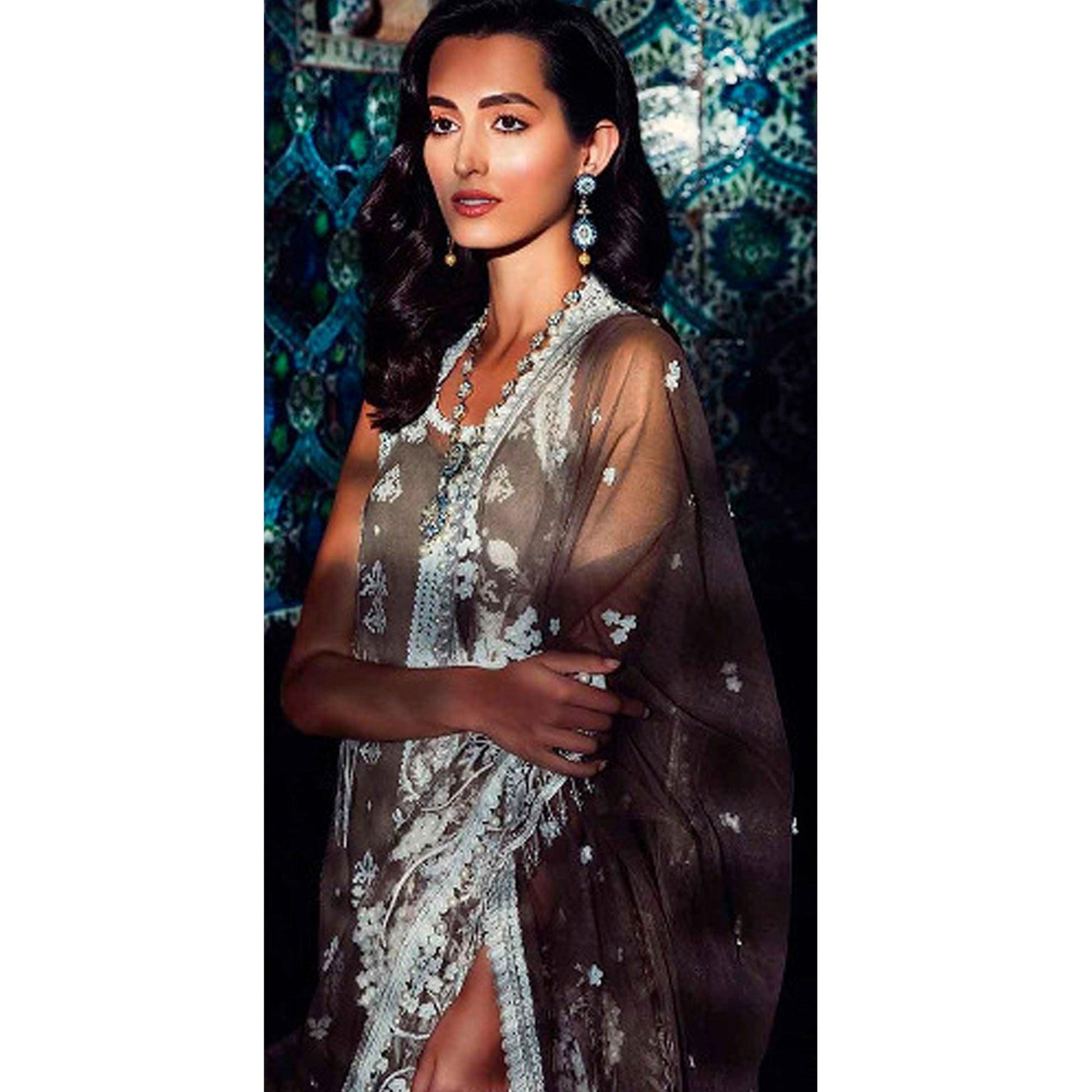 Energetic Brown Colored Partywear Embroidered Netted Palazzo Suit