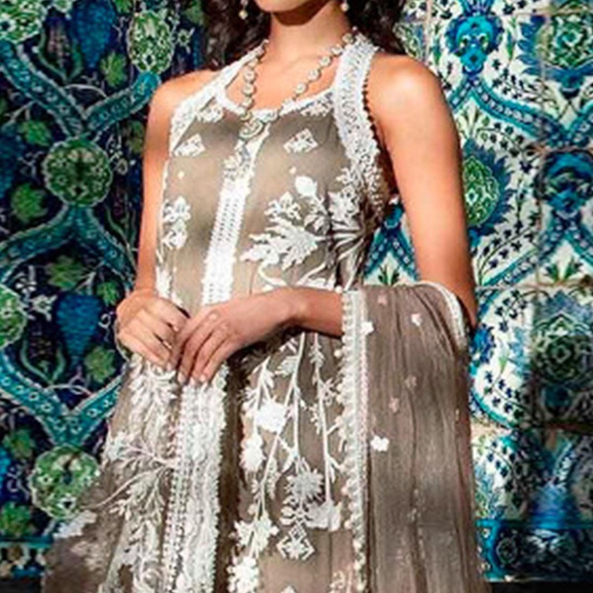 Energetic Brown Colored Partywear Embroidered Netted Palazzo Suit