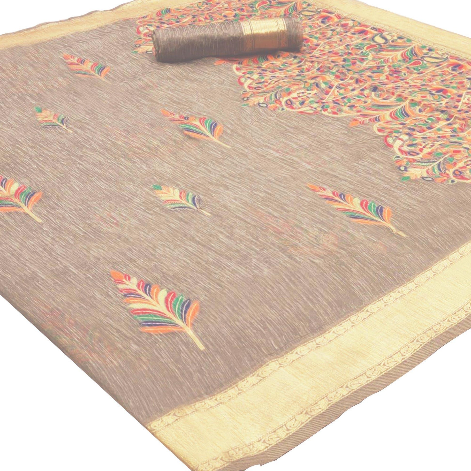 Energetic Cream Colored Partywear Printed Linen Saree