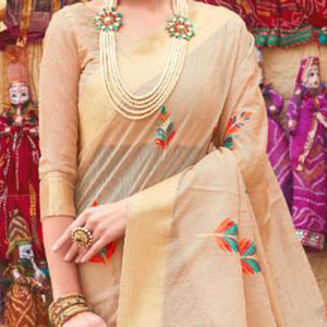 Energetic Cream Colored Partywear Printed Linen Saree