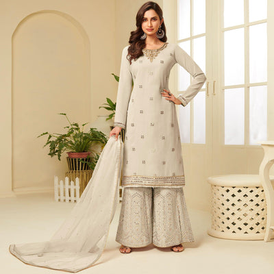Energetic Cream Coloured Partywear Gota Work Georgette Palazzo Suit