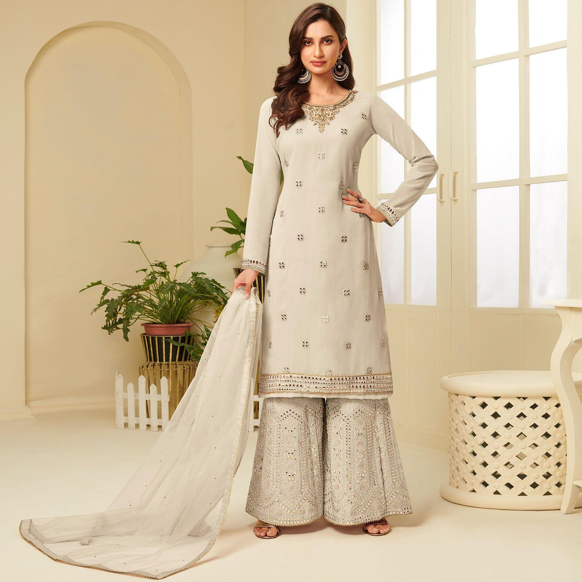 Energetic Cream Coloured Partywear Gota Work Georgette Palazzo Suit