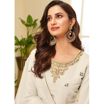 Energetic Cream Coloured Partywear Gota Work Georgette Palazzo Suit